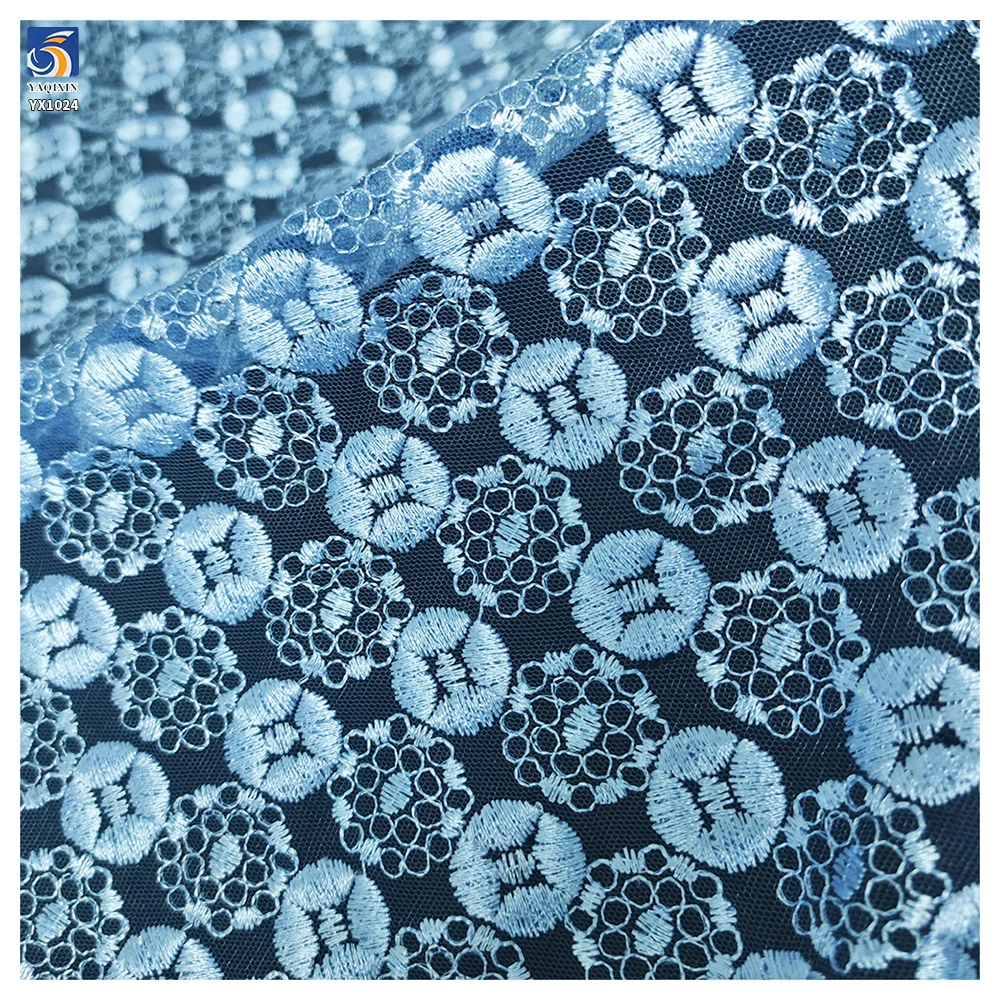 YX1024 Customer's Luxury Brand Logo Embroidered Tulle Fabrics 300 Yards of 3-Day Pattern Custom Embroidered Mesh Fabric