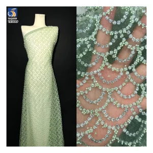 YX568 Low MOQ Custom Design African Nigerian Lace Tulle Knitted Green Beads Sparkle Glitter Lace Mesh Tulle Fabric