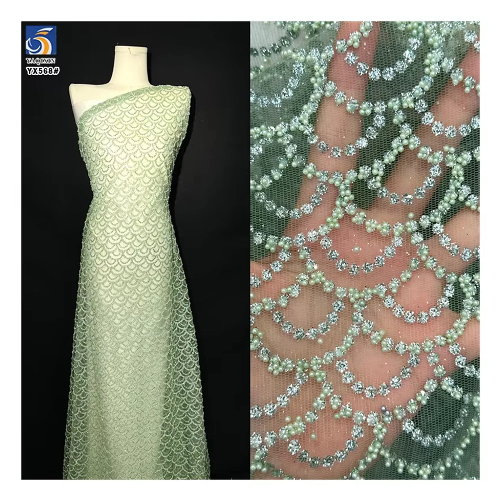 YX568 Low MOQ Custom Design African Nigerian Lace Tulle Knitted Green Beads Sparkle Glitter Lace Mesh Tulle Fabric