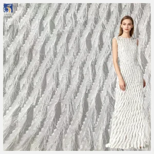 YX1251 Popular in Russia White Tassel Chiffon Jacquard Fabric Feather Design Nylon Jacquard Fabric for Dress Woman