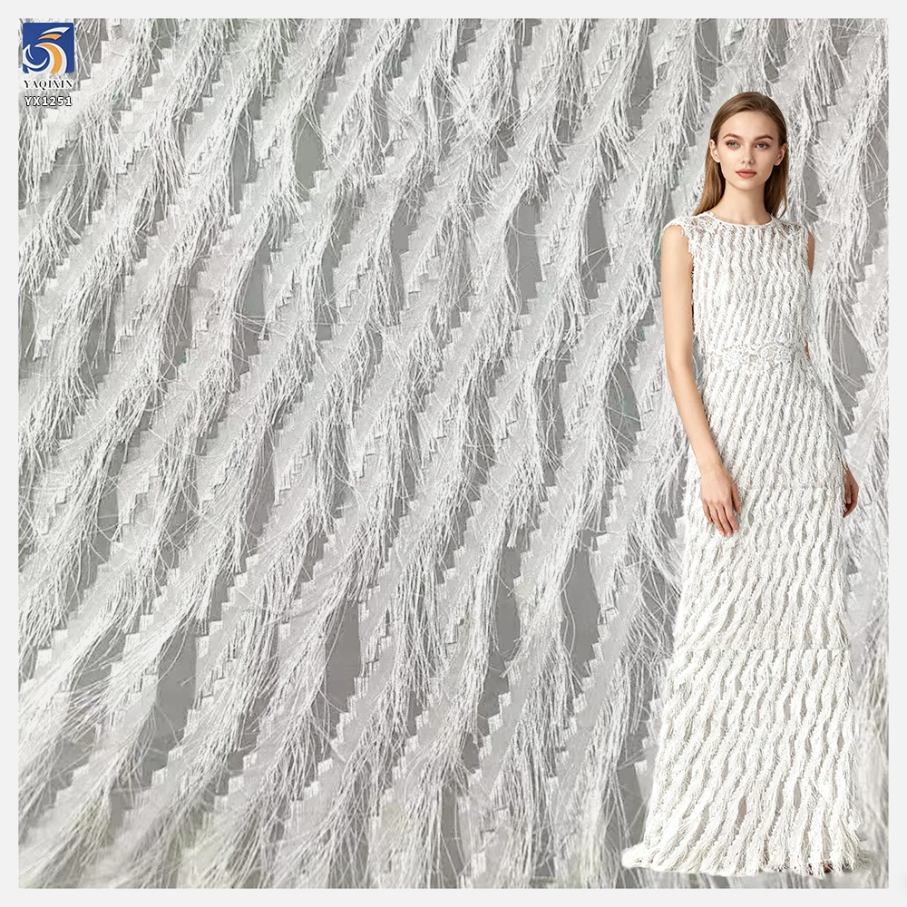 YX1251 Popular in Russia White Tassel Chiffon Jacquard Fabric Feather Design Nylon Jacquard Fabric for Dress Woman
