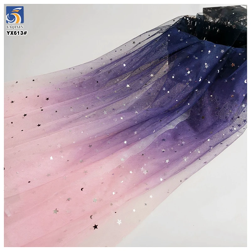 YX613 Beautiful Dark Purple Polyester Ombre Gradient Sequin Princess Skirt Tulle Fabric With Star Sequins - 图片 6