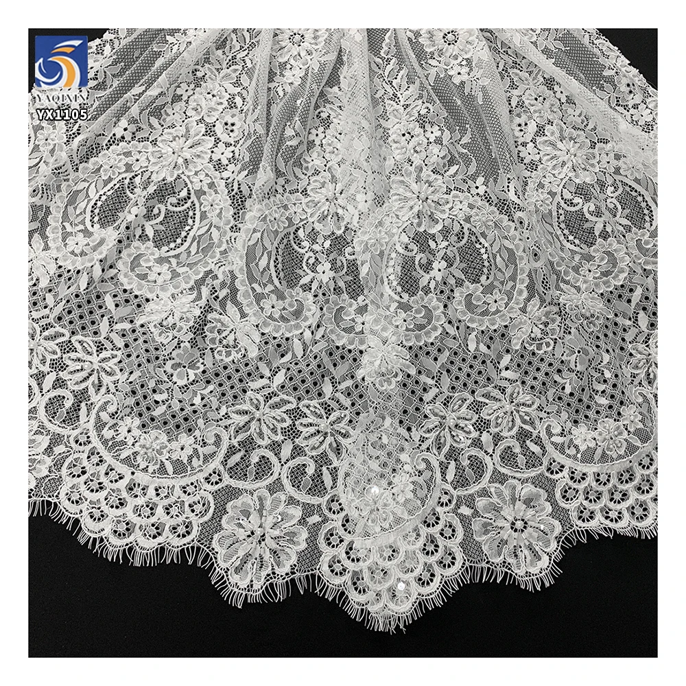 YX1105 African Elegant Wedding Lace Fabric Textile White Flower Embroidery Bead Tube Pearl 3D Eyelashes Lace Fabric Customized - 图片 6