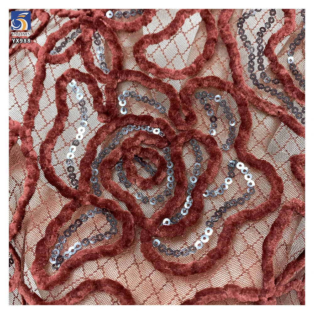 YX988 3D Flowers Embroidered Chenille Materials Chantilly Lace Fabric China Style Red Rose Flowers Embroidery Mesh Lace Fabric - 图片 4