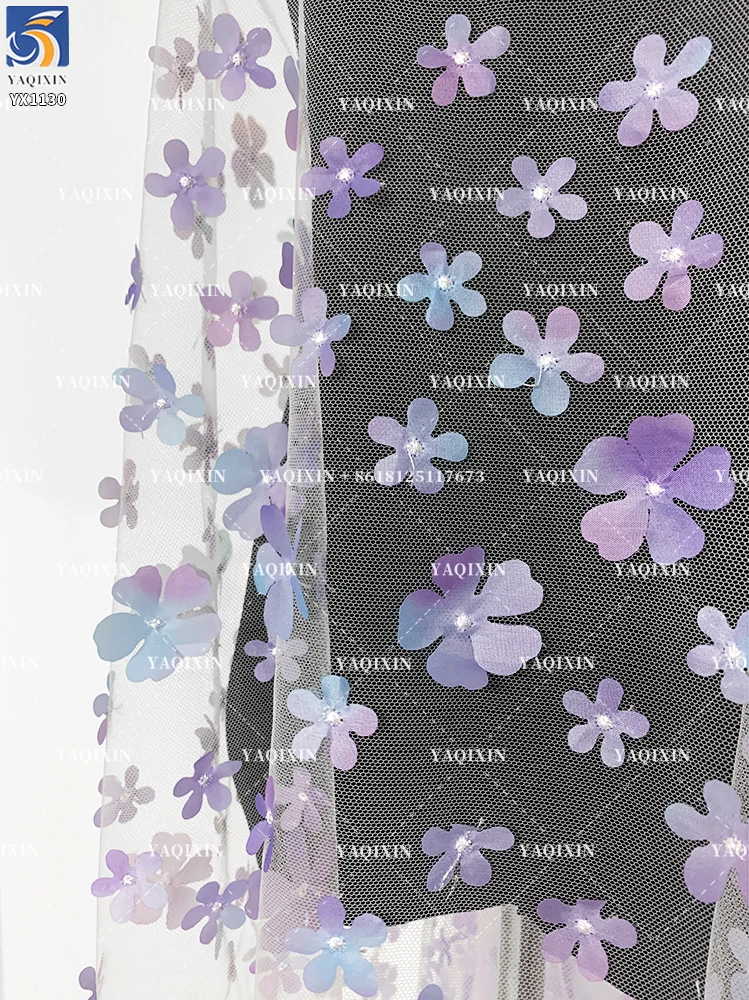 YX1130 High Quality Purple and Blue Gradient Flowers 3D Mesh Fabric 2 Yards Embroidery 3D Florals Tulle Christmas Skirt Fabric - 图片 3