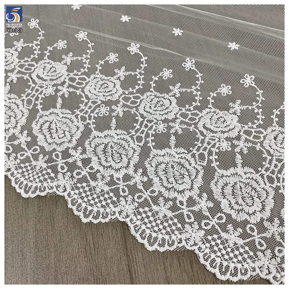 YX1303 Chinese Suppliers Cheap Mesh Embroidery Floral Print Water-Soluble Embroidered Lace Fabric White Sales for 15 Yards - 图片 2