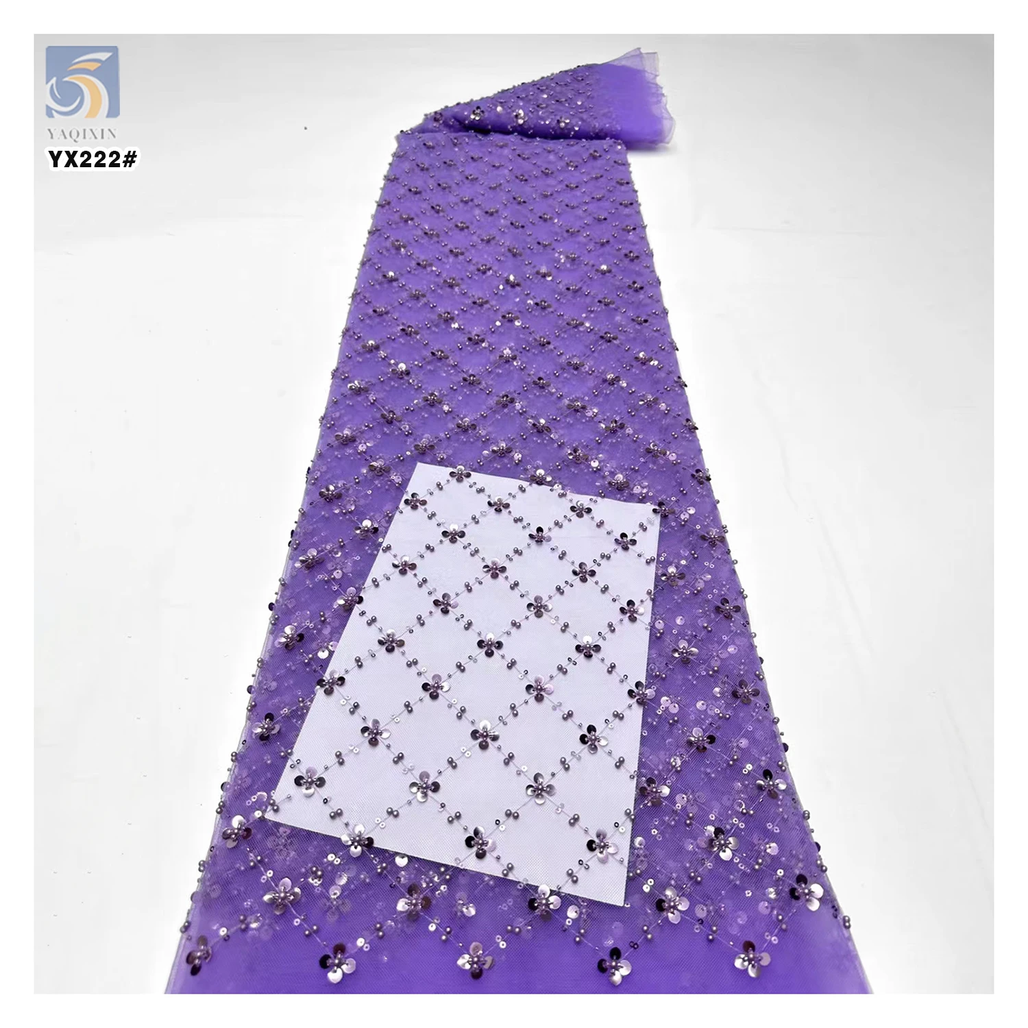 YX222-1 Hot Sales Diamond Bead Embroidery Sequin Lace Fabric Polyester Soft Tulle Bead Sequin Lace Fabric - 图片 6