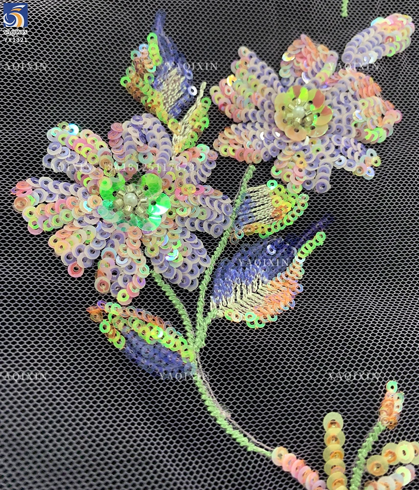 YX1321 Exquisite Embroidered Lace Fabric Heavy Embroidery Pearl Sequin Flowers Chinese Lace Fabric With Beaded Florals - 图片 3