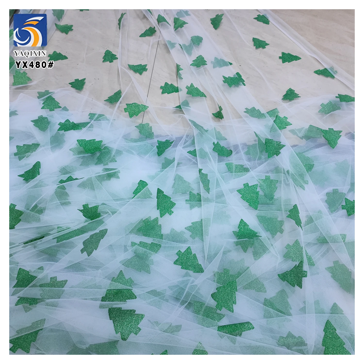 YX480 2025 Festival Mesh Tulle Christmas Fabric FabricPolyester Christmas Tree Pattern Printing Glitter Dust Tulle Fabric - 图片 4