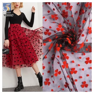 YX303 Ins Hot Style Tulle Fabric Nylon Mesh Flocking Red Love Heart Red Wool Flocked Tulle Fabric for Underwear