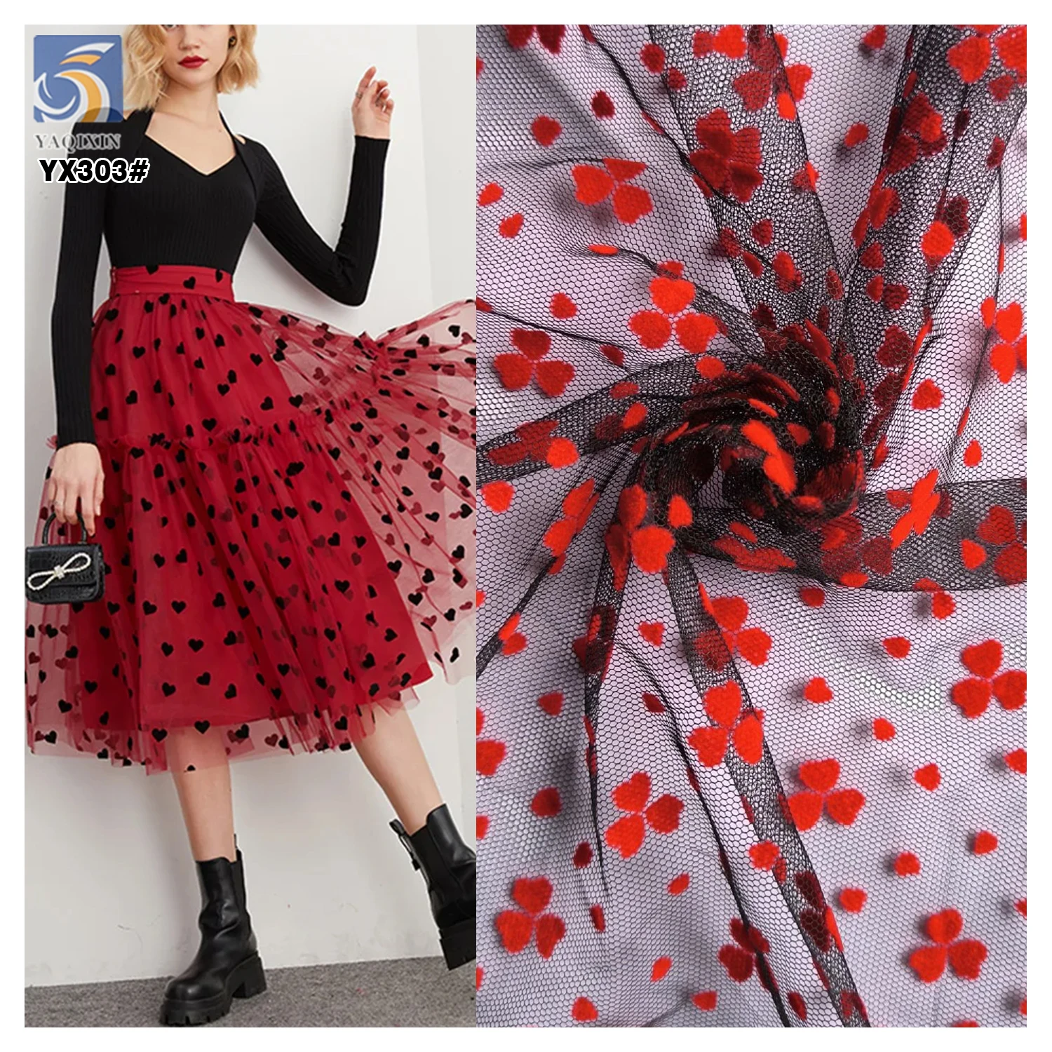 YX303 Ins Hot Style Tulle Fabric Nylon Mesh Flocking Red Love Heart Red Wool Flocked Tulle Fabric for Underwear