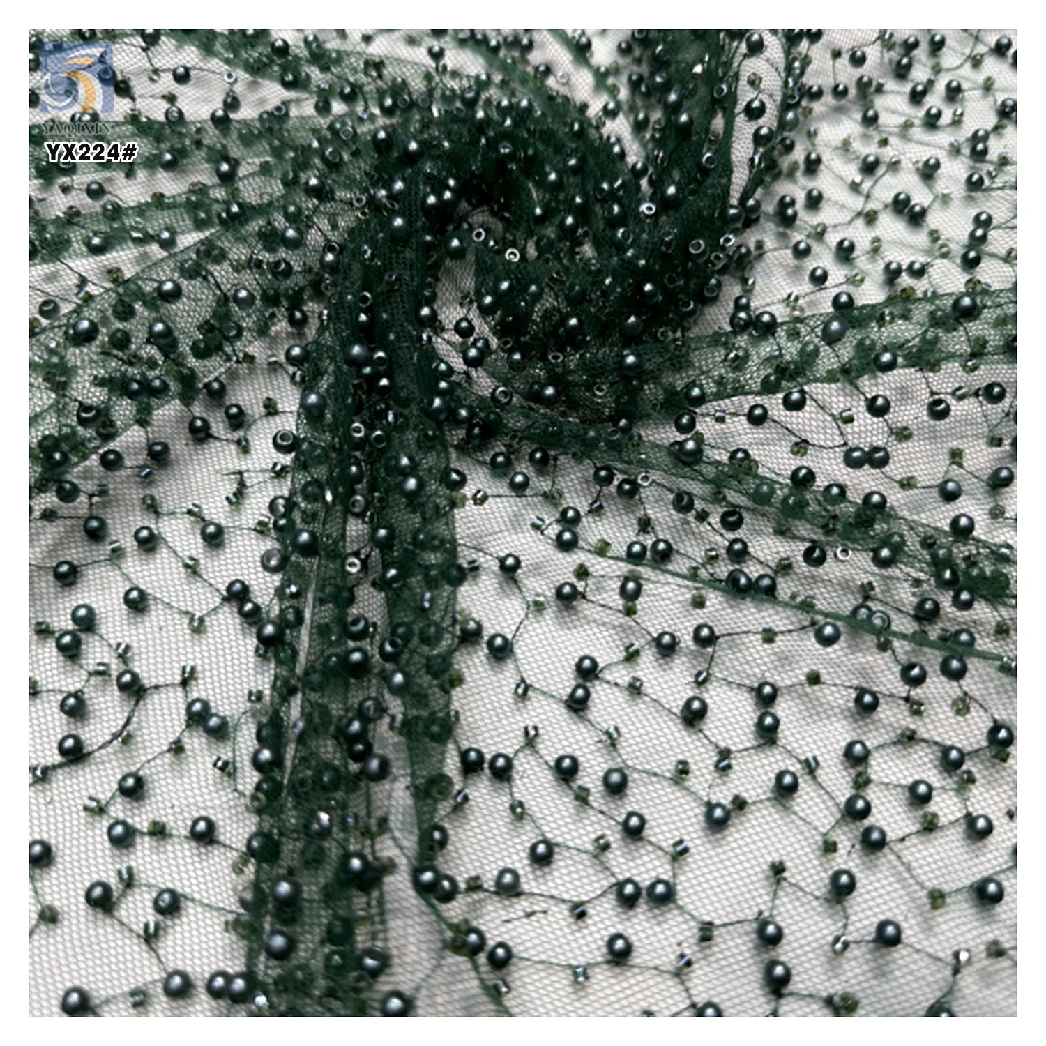 YX224 Custom Bridal Wedding Pearl Lace Fabric Handmade Embroidery Soft Bridal Lace Dress Pearl Beaded Tulle Fabric - 图片 5