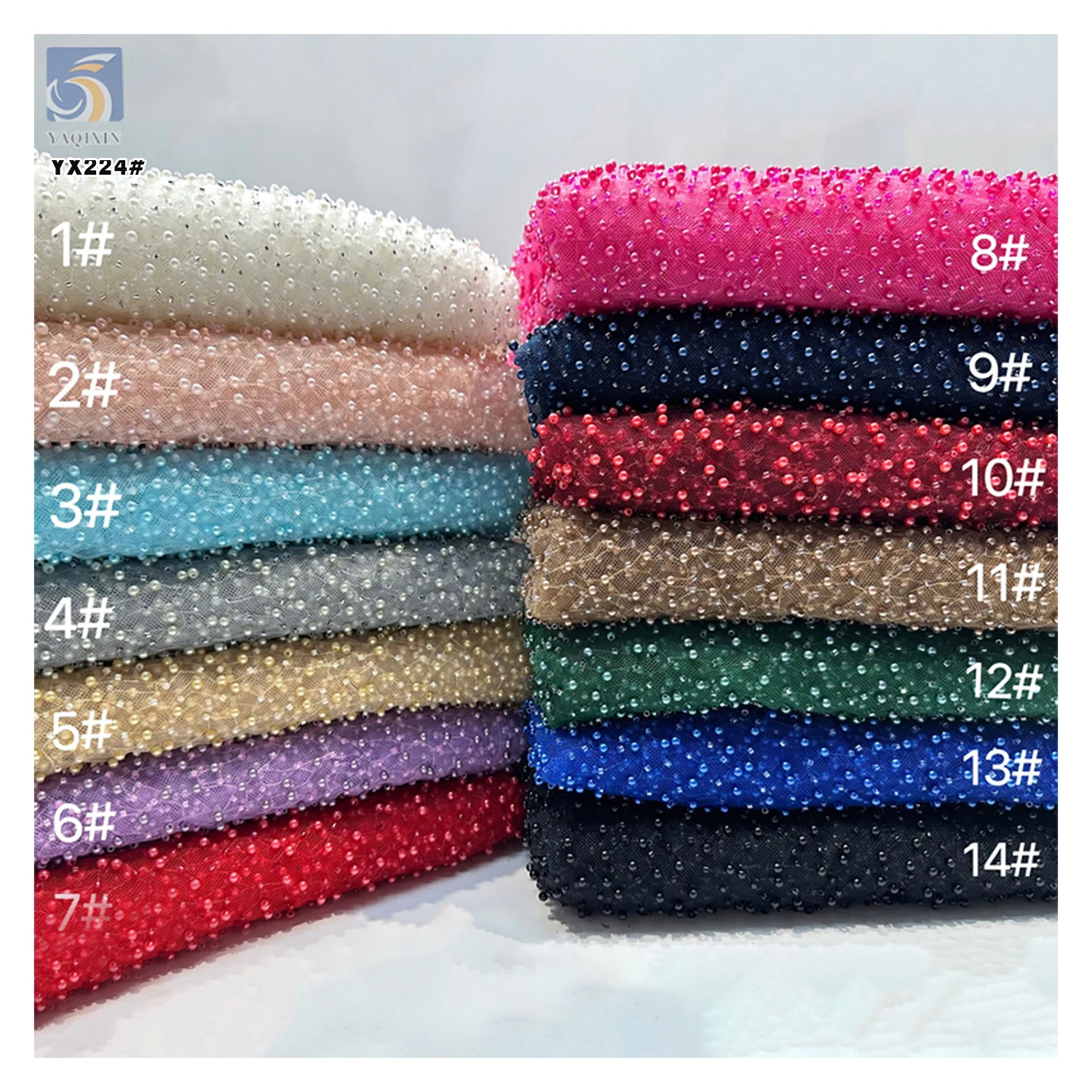 YX224 Custom Bridal Wedding Pearl Lace Fabric Handmade Embroidery Soft Bridal Lace Dress Pearl Beaded Tulle Fabric - 图片 3