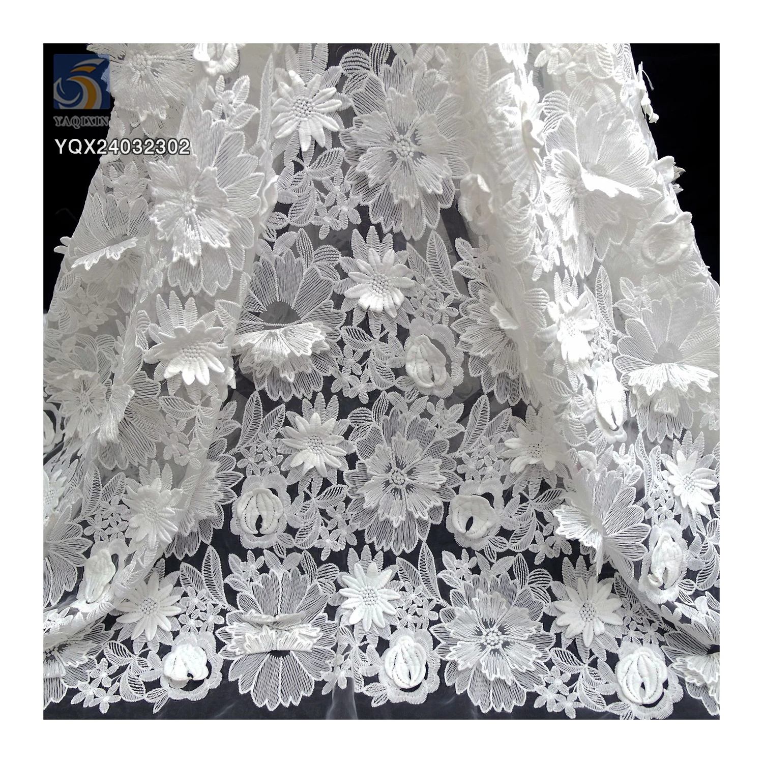 Wholesale Price 3D Embroidery Flower Organza Fabric Water Soluble Milk Lace Fabric for Dresses & Weddings Made in China - 图片 6