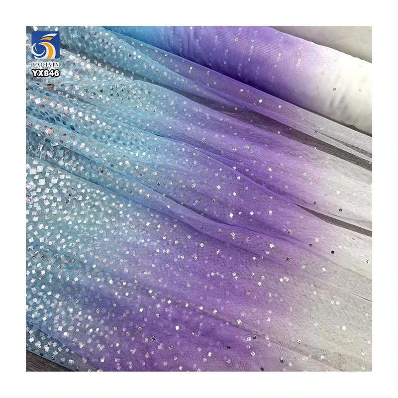 YX846 Support Custom Gradient Colors Girls Skirts 100% Polyester Rainbow Tulle Mesh Fabric With Silver Square Sequins - 图片 4