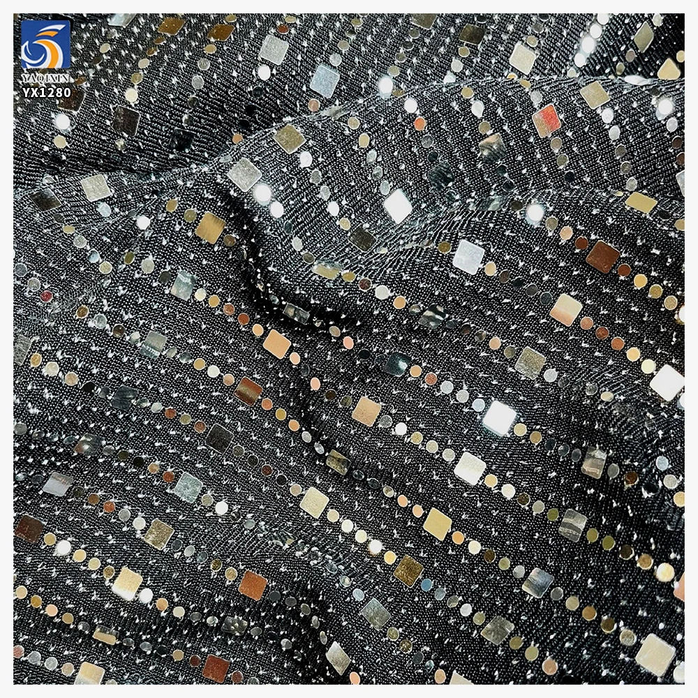 YX1280 130gsm Competitive Prices Straight Laser Lurex Spandex Stretch Dot Sequin Fabric for Fashion Performance Costumes - 图片 6