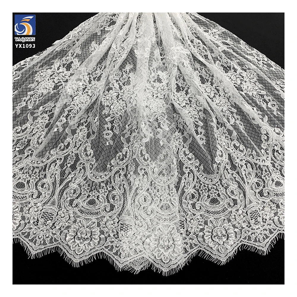 YX1093 15 Yards Handmade Bone Thread Crochet Lace Fabric 2026 African White Wedding Pearls Embroidered Eyelash Lace Fabric - 图片 3