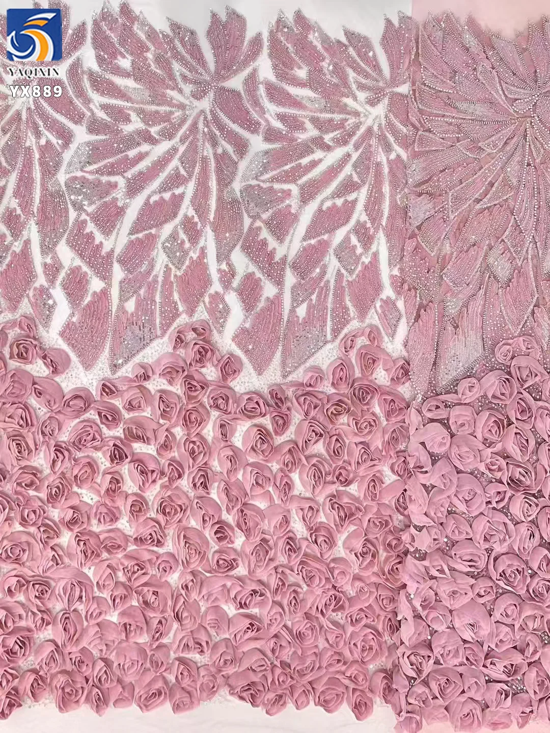 YX901 High Quality Pink Mesh 3D Flowers Lace Handmade Beads French Lace Sequin Fabric 3D Lace Fabrics for Dresses - 图片 4