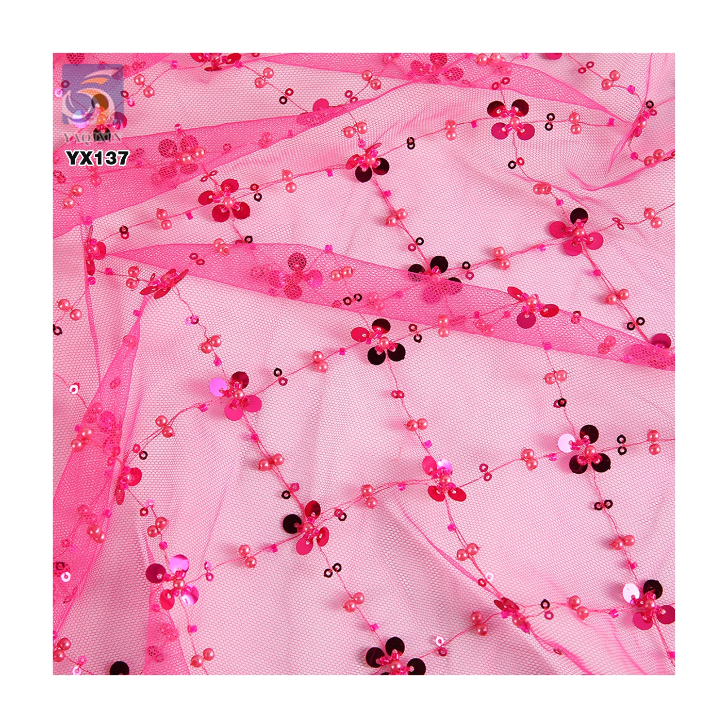 Oriental Beads Embroidery Fabric 100gsm Lace Mesh Embroidery Four-Leaf Clover Pearl Sequin Embroidery Tulle Fabric - 图片 5