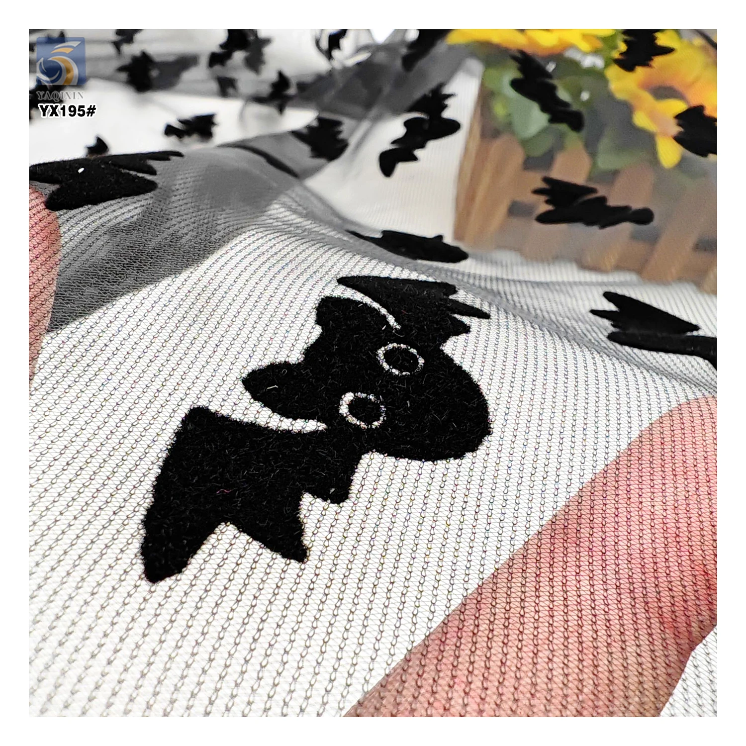 YX195 Custom Stage Costume Cartoon Flocking Tulle Fabric Mesh Black Bat Halloween Festival Polyester Fabric - 图片 6