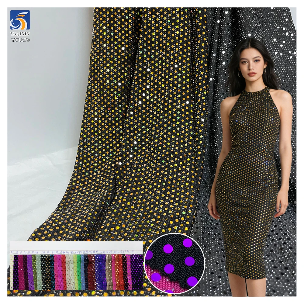 YX1279 130gsm New Arrival Nylon Spandex Stretch Laser Lurex Iridescent Sequin Fabric With Silver Dots for Party Dress Stretch