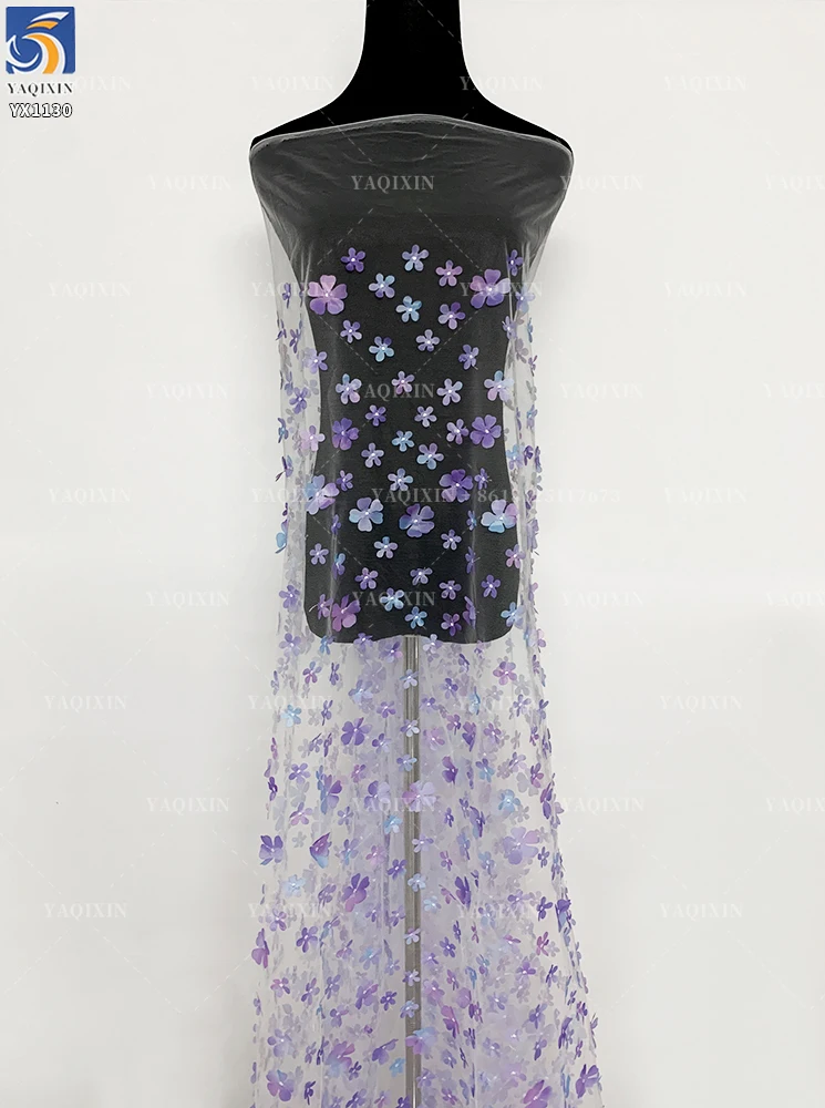 YX1130 High Quality Purple and Blue Gradient Flowers 3D Mesh Fabric 2 Yards Embroidery 3D Florals Tulle Christmas Skirt Fabric - 图片 6