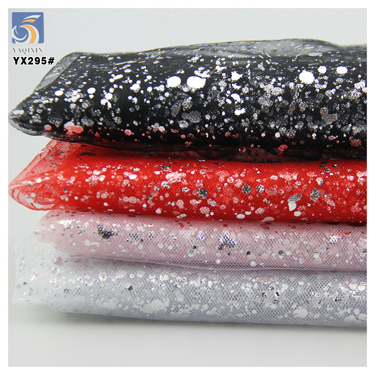 YX295-1 High Quality Customized Silver Iridescent Splatter Film Printed Polyester Mesh Tulle Fabric - 图片 4