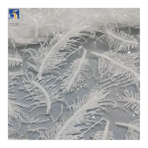 YX915 Multicolor Wholesale 3D White Feathers Lace Tulle Fabric 100 Polyester Milk Silk Embroidery Lace Fabric With Sequins