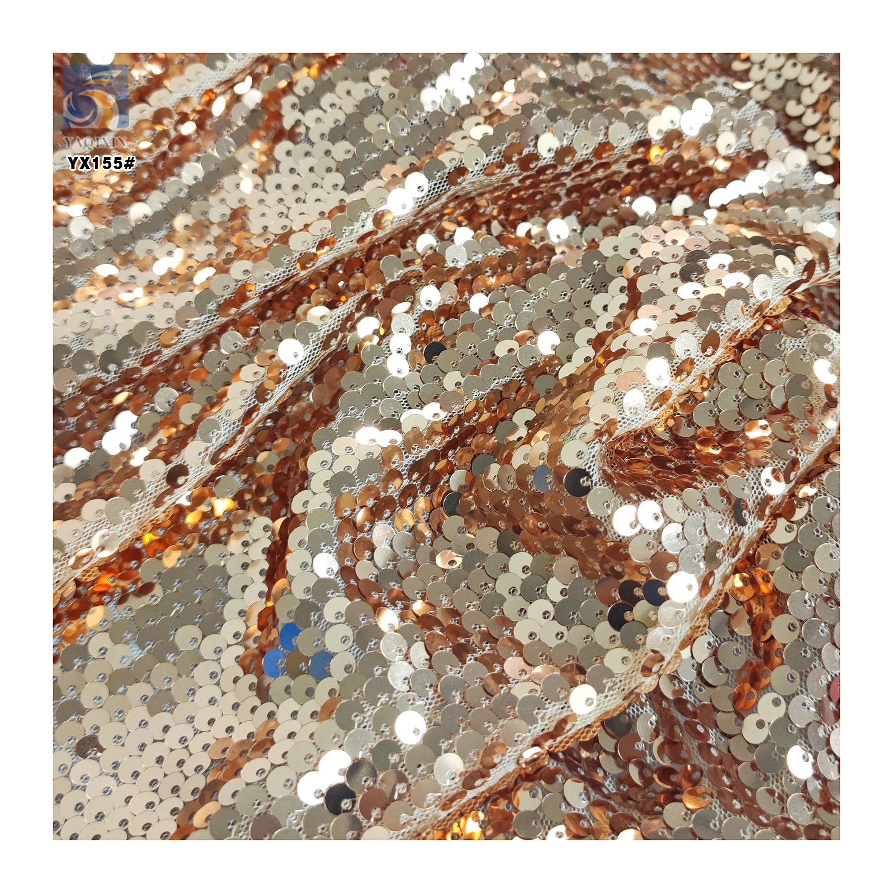 YX155 Good Quality Price 5mm Sequin Mesh Fabric Knit Paillettes Rose Gold Sequins Fabric - 图片 5