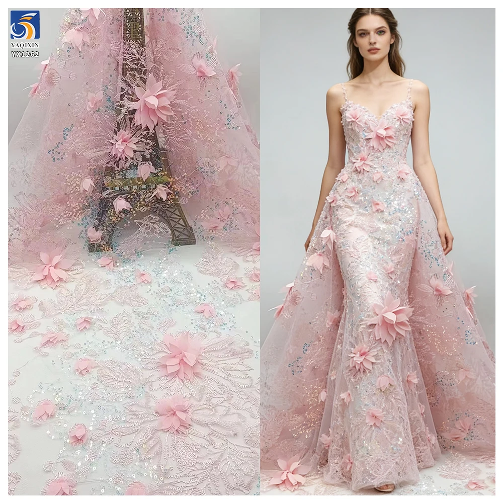 YX1262 200gsm New France Mesh Sequin Embroidered Fabric Flowers 3D Hand Embroidery Fabric With Sequins for Women's Garments