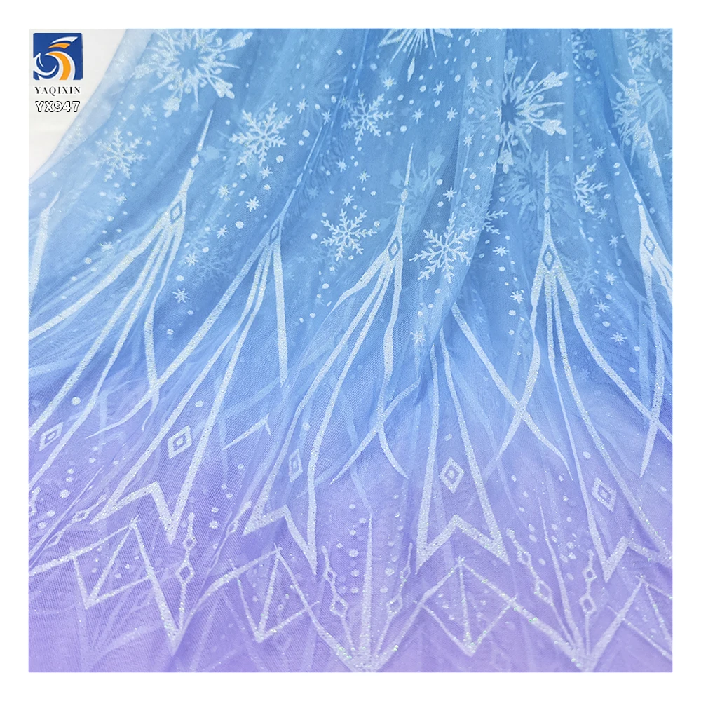 YX947 New Arrivals Polyester Gradient Mesh Fabric With Snowflake and Ice Printed Frozen Princess Dress Cartoon Tulle Fabrics - 图片 5