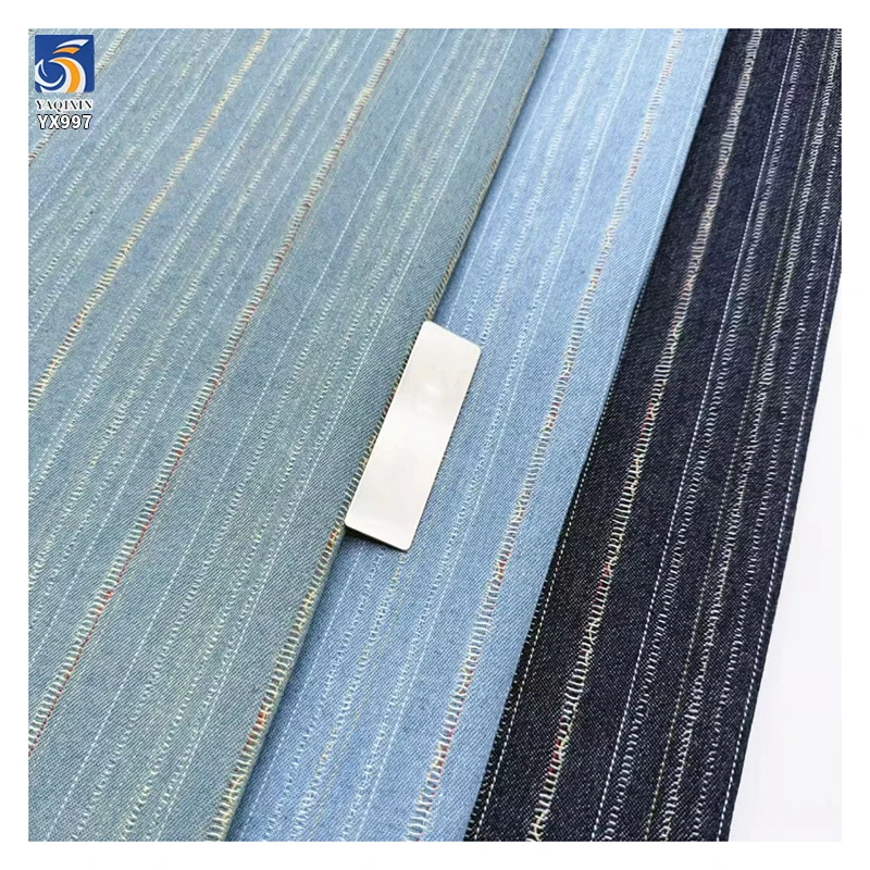 YX997 250g/m² 11oz 75% Cotton 25% Polyester Washed Denim Fabric Vintage-Style Jacquard Cotton Striped Denim Fabric for Pant - 图片 5