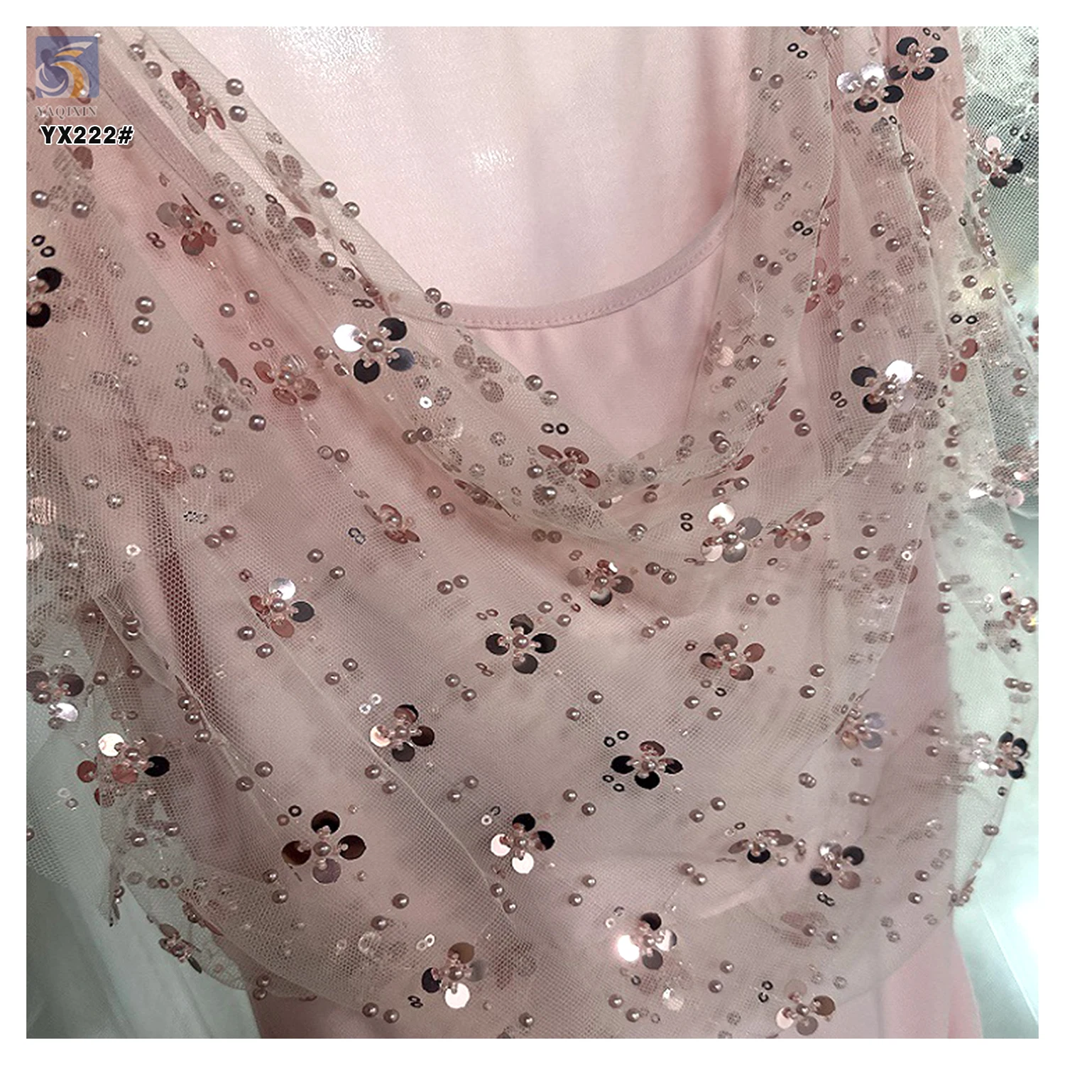 YX222 Customized Multi Color Sequin Bead Pearls Flower Embroidery Lace Fabric - 图片 5