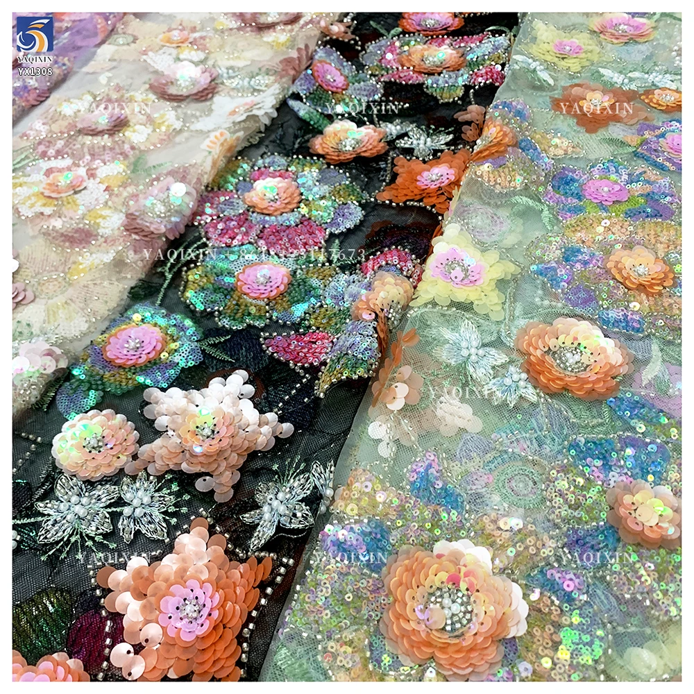 YX1308 3D Florals Colored Sequin Embroidered Mesh Fabric for Spring/Summer Dress Heavy Embroidery Pearls Glitter Sequin Fabric - 图片 2