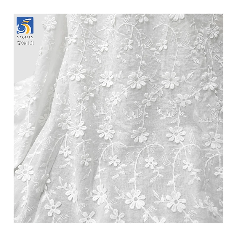 YX811 Custom Encrypted High Quality 120gsm Cotton Embroidery Lace Fabric Milk Silk Lace Floral Cotton Fabric With Embroidered - 图片 5