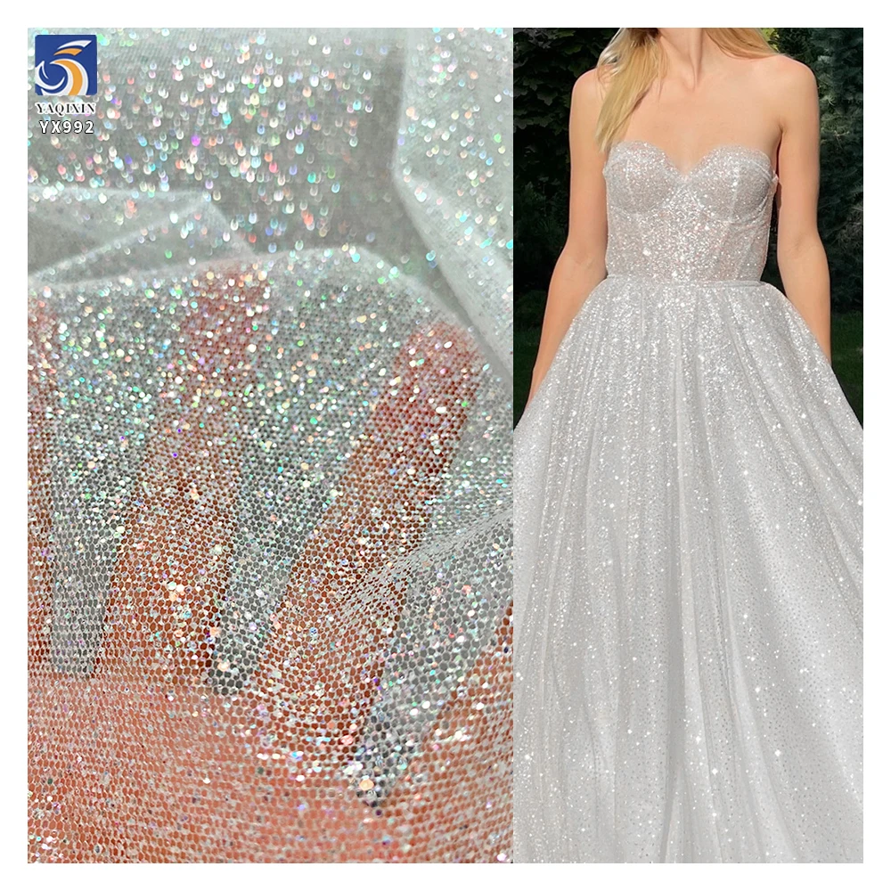 YX992-1 2026 Holographic Super White Dust Glitter Tulle Fabric 100% Polyester Soft Flash Spark Mesh for Wedding Brides - 图片 6