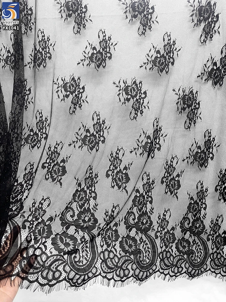 YX1041 High-Quality Sheer Breathable Soft Black Lace Fabric Lightweight Polyester Embroidered Flower Eyelash Lace Fabrics - 图片 5