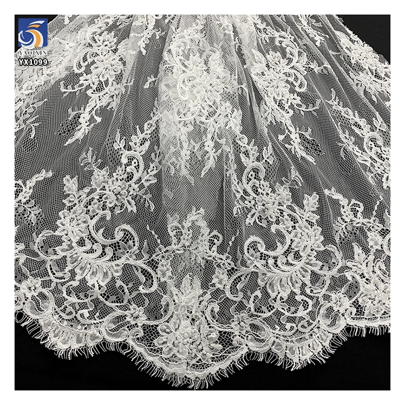 YX1099 Popular High Quality 3D Pearls Heavy Beaded Nigerian Lace Fabric 2026 Eyelash Lace Fabrics for White Nigerian Wedding - 图片 3