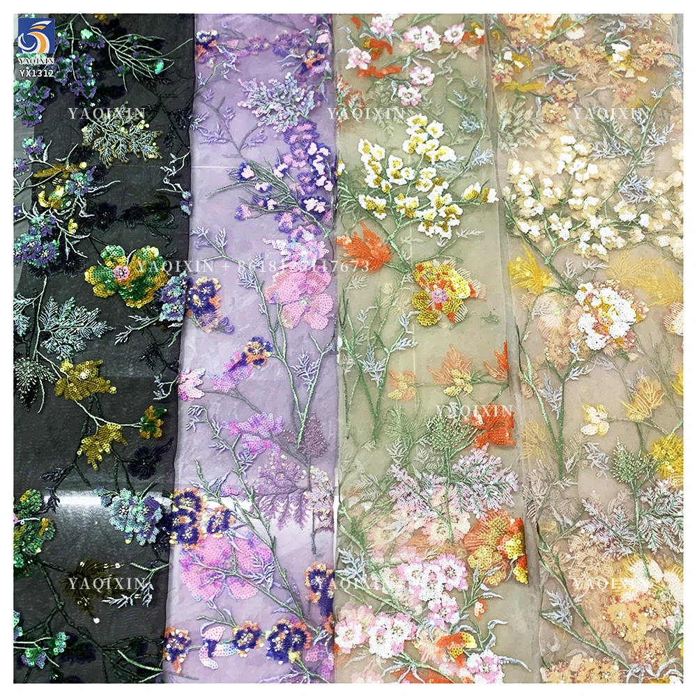 YX1312 Best-Selling Colorful Florals Pattern Beaded Sequin Fabric Lace Diy Custom Heavy Embroidery Flowers Dresses Fabric - 图片 4