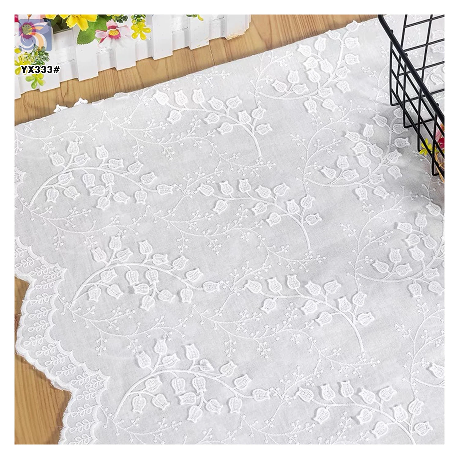 YX333 High Quality Wavy Lace Floral Embroidery Water Soluble 100% Cotton Voile Lace Fabric - 图片 6