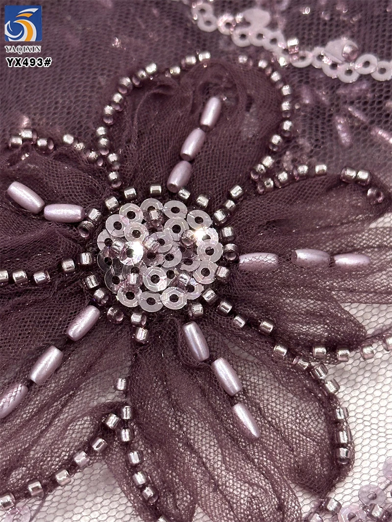 YX493 New Arrivals Hot Selling Polyester Tulle Angola Red Mesh Lace Fabric With Flowers and Beaded - 图片 6