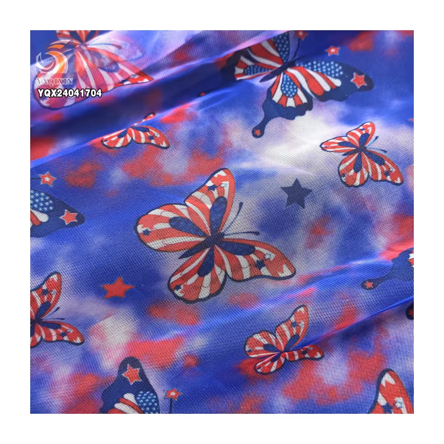 Novelty American Flag Colors Butterfly Pattern Design Digital Print Poly Tulle Fabric for Independence Day Party Dress - 图片 5