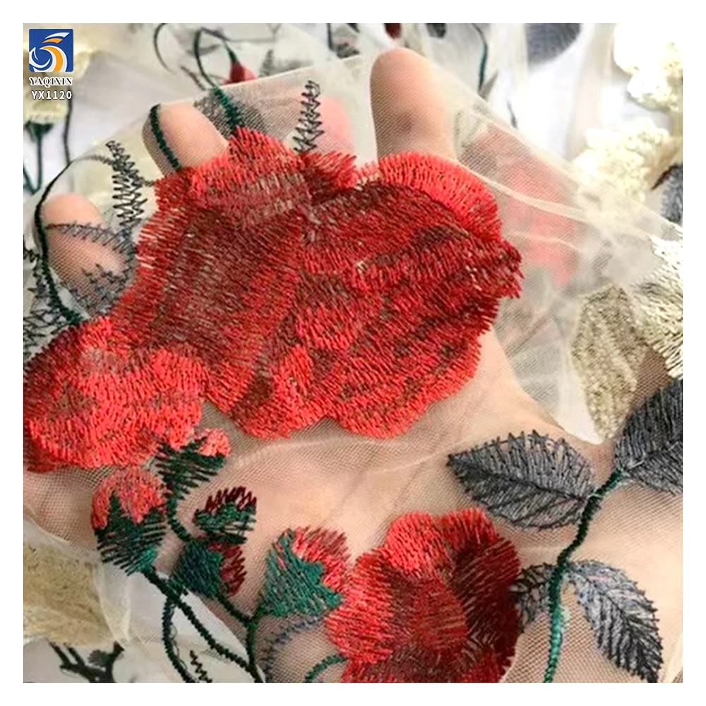 YX1120 Expensive Multi-Color Embroidered Flowers Mesh Fabric Water-Soluble Embroidery Large Roses Tulle Fabric French Parisian - 图片 4
