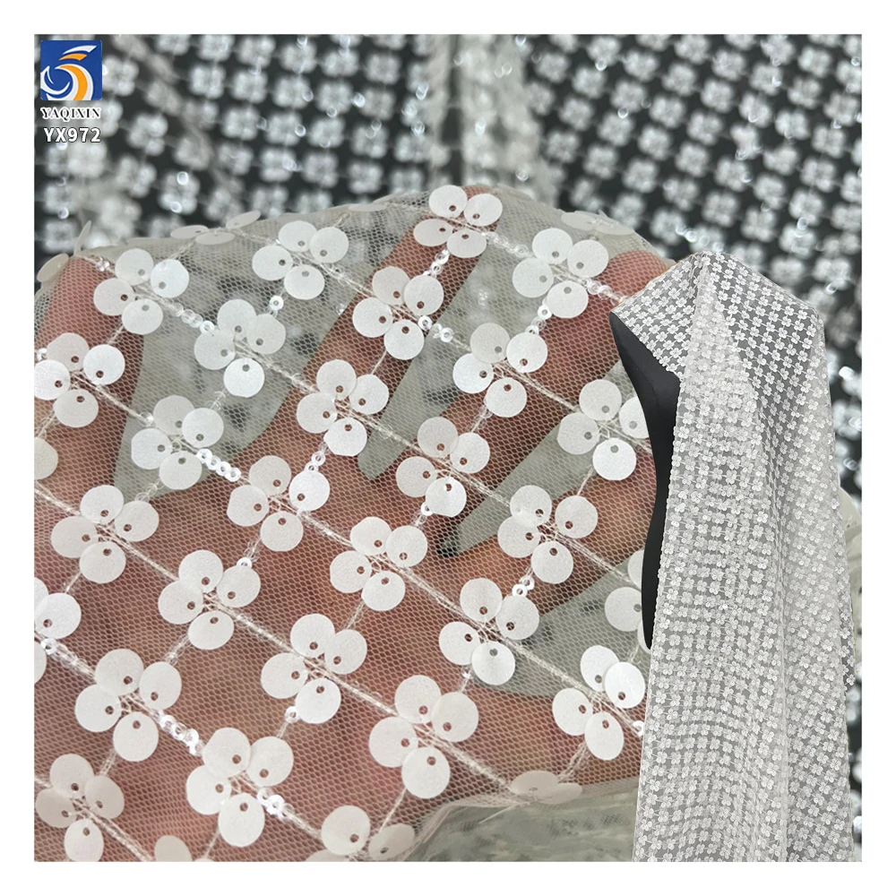 YX972 New Trends in 2026 Plaid Mesh Sequins Apparel-Skirt Fabric Four-Leaf Clover Design 5mm Matte Sequin Fabric for Garment