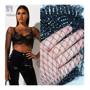 Sexy Stretch Mesh Fishnet Fabric With Rhinestones Nightclub Dresses With Crystal Rhinestones for Party