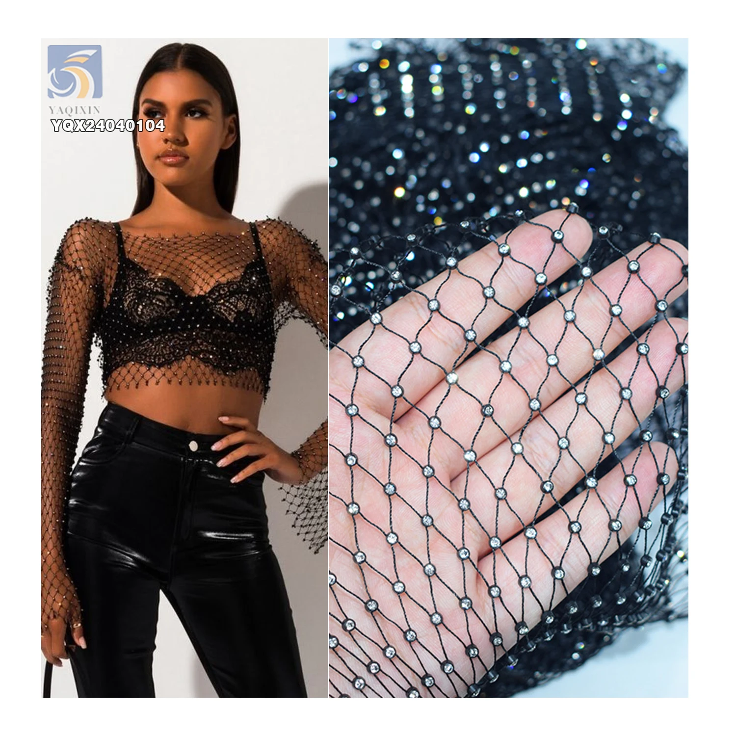 Sexy Stretch Mesh Fishnet Fabric With Rhinestones Nightclub Dresses With Crystal Rhinestones for Party