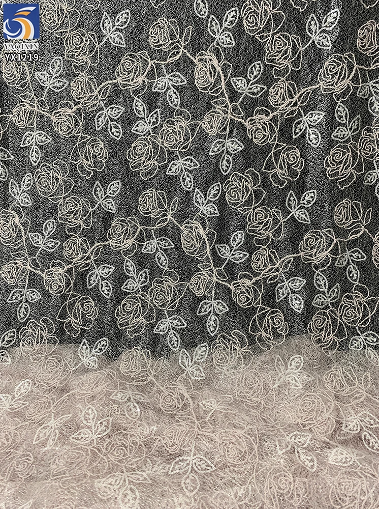 YX1219 2026 New Custom Light Pink Color Rose Embroidered Mesh Fabric Rope Embroidery Fabric 5 Yards for Girls' Clothing - 图片 3