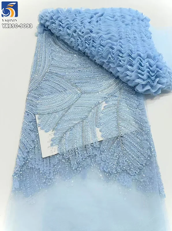Hot Selling Elegant Sky Blue Mesh 3D Pleated Lace Fabric Handmade Beads French Lace Sequins Fabric for Wedding Party - 图片 3