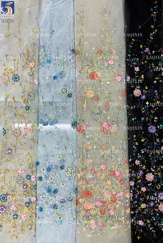 YX1222 Exquisite Colorful Sequins Embroidery Dresses Lace Mesh Flowers Fabric for Girls Skirts Shiny Flowers Dress Fabric - 图片 4