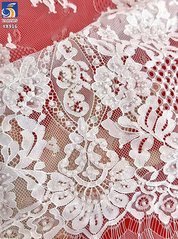YX916 High-End Elegant White Eyelash Lace Fabric Water-Soluble Lace Fabrics With Bone Thread Heavy Embroidery Beads and Tube - 图片 4